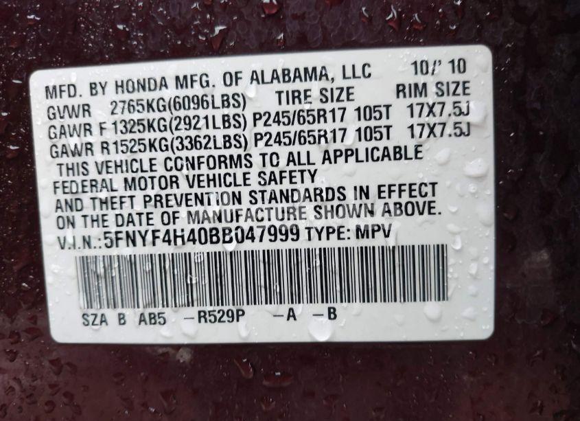 Photo 9 of 2011 Honda Pilot EX (VIN 5FNYF4H40BB047999)