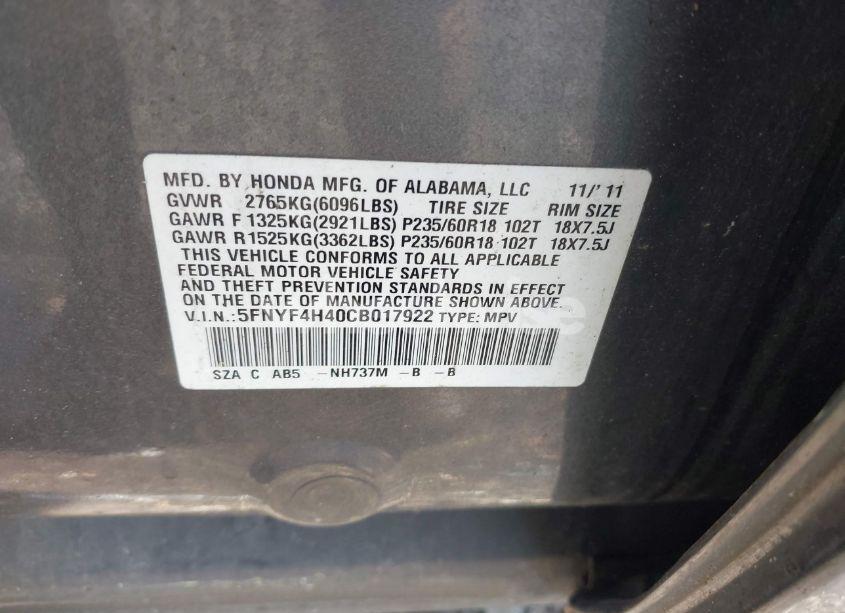 Photo 9 of 2012 Honda Pilot EX (VIN 5FNYF4H40CB017922)