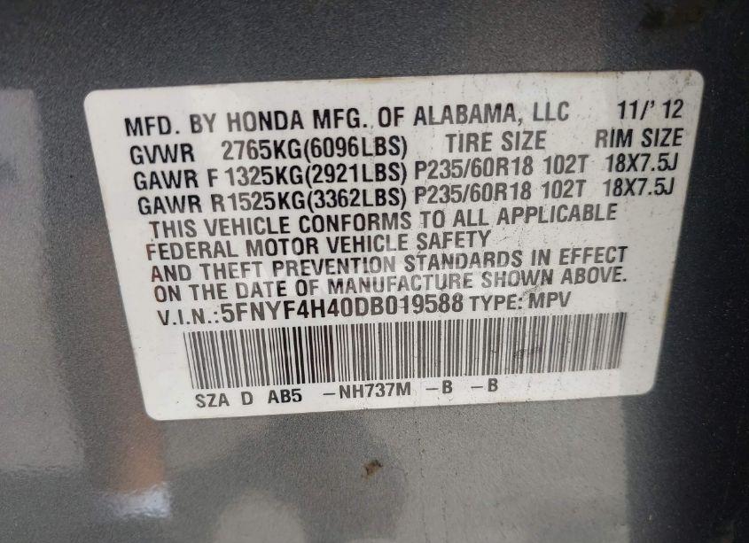 Photo 9 of 2013 Honda Pilot EX (VIN 5FNYF4H40DB019588)