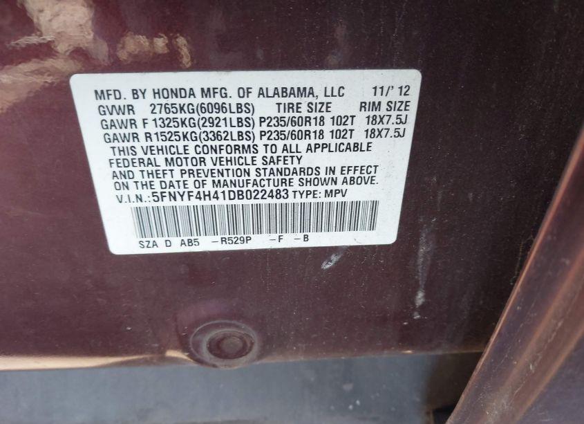 Photo 9 of 2013 Honda Pilot EX (VIN 5FNYF4H41DB022483)