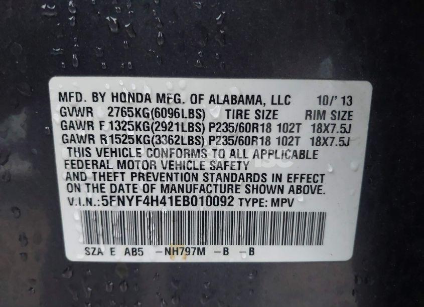 Photo 9 of 2014 Honda Pilot EX (VIN 5FNYF4H41EB010092)