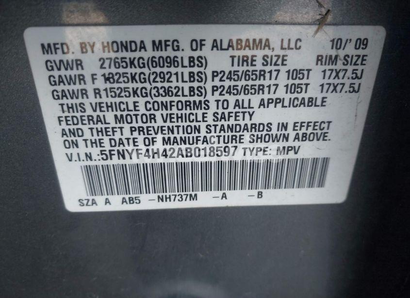 Photo 9 of 2010 Honda Pilot EX (VIN 5FNYF4H42AB018597)