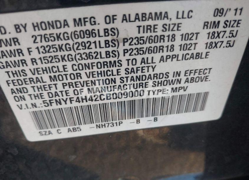 Photo 9 of 2012 Honda Pilot EX (VIN 5FNYF4H42CB009000)