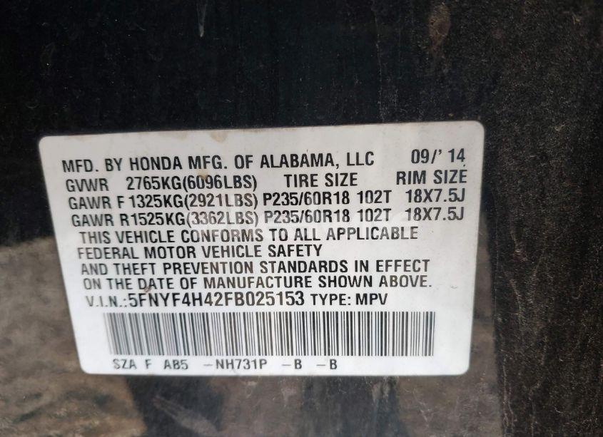 Photo 9 of 2015 Honda Pilot EX (VIN 5FNYF4H42FB025153)