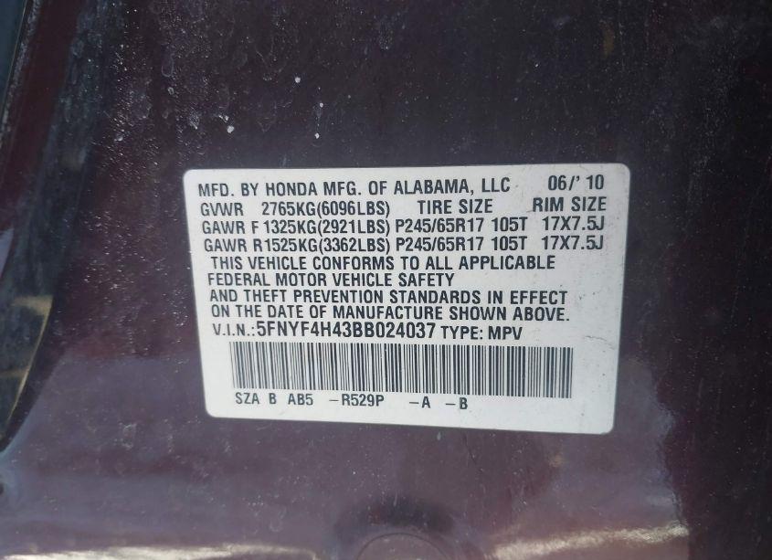 Photo 9 of 2011 Honda Pilot EX (VIN 5FNYF4H43BB024037)