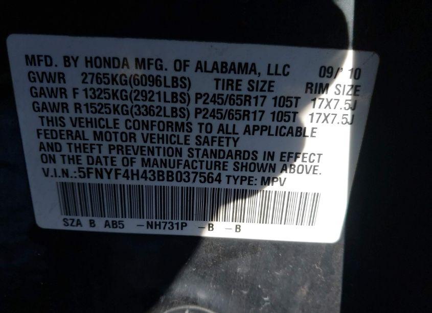 Photo 9 of 2011 Honda Pilot EX (VIN 5FNYF4H43BB037564)