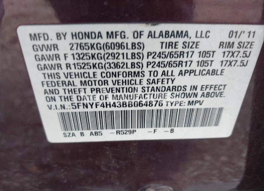 Photo 9 of 2011 Honda Pilot EX (VIN 5FNYF4H43BB064876)