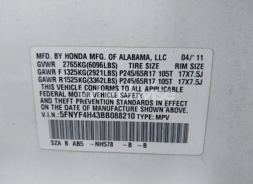 Photo 9 of 2011 Honda Pilot EX (VIN 5FNYF4H43BB088210)