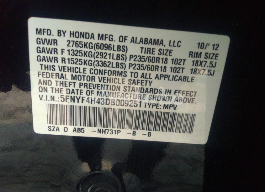 Photo 9 of 2013 Honda Pilot EX (VIN 5FNYF4H43DB009251)