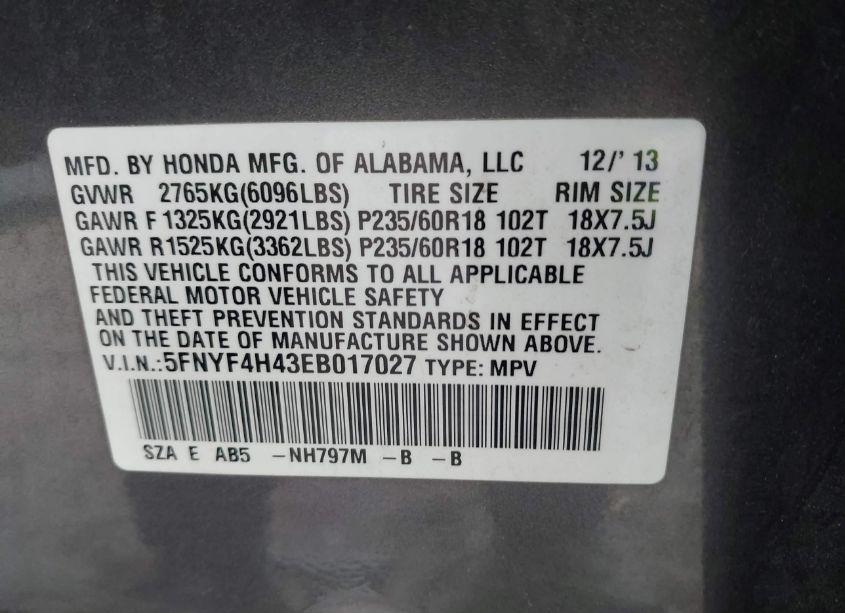 Photo 9 of 2014 Honda Pilot EX (VIN 5FNYF4H43EB017027)