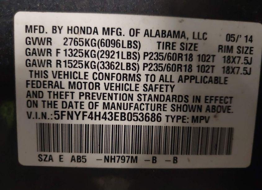 Photo 9 of 2014 Honda Pilot EX (VIN 5FNYF4H43EB053686)