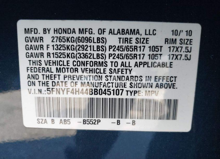Photo 9 of 2011 Honda Pilot EX (VIN 5FNYF4H44BB045107)