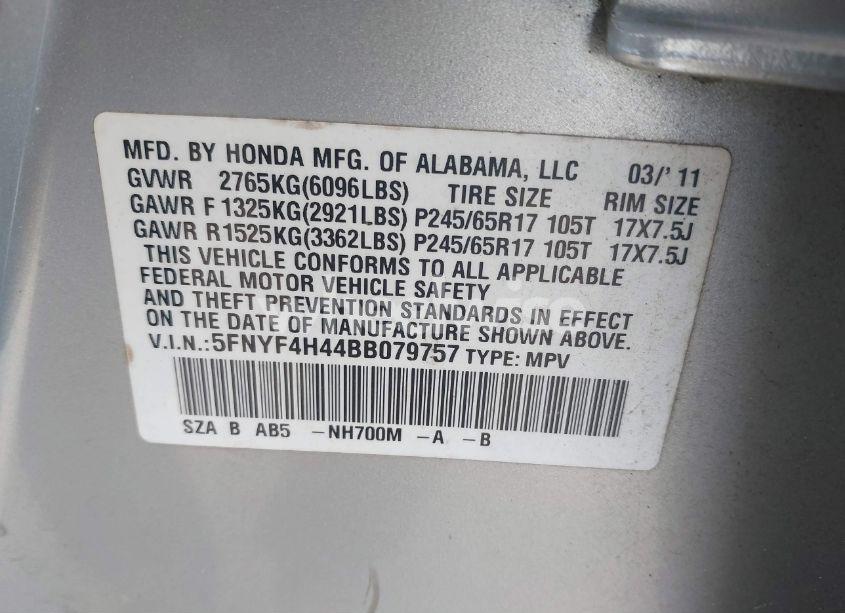 Photo 9 of 2011 Honda Pilot EX (VIN 5FNYF4H44BB079757)