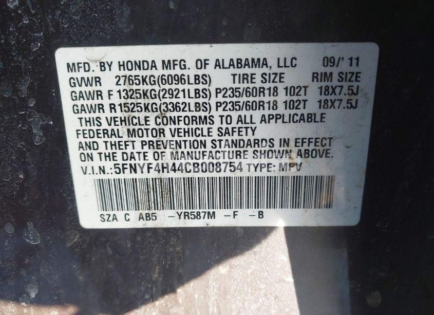 Photo 9 of 2012 Honda Pilot EX (VIN 5FNYF4H44CB008754)