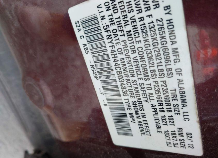 Photo 9 of 2012 Honda Pilot EX (VIN 5FNYF4H44CB034836)