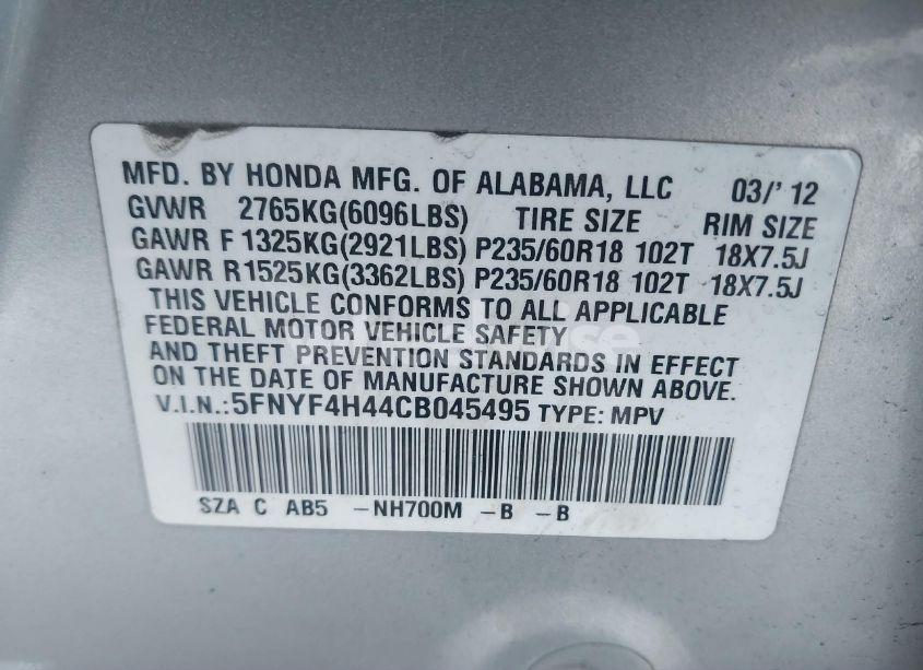 Photo 9 of 2012 Honda Pilot EX (VIN 5FNYF4H44CB045495)