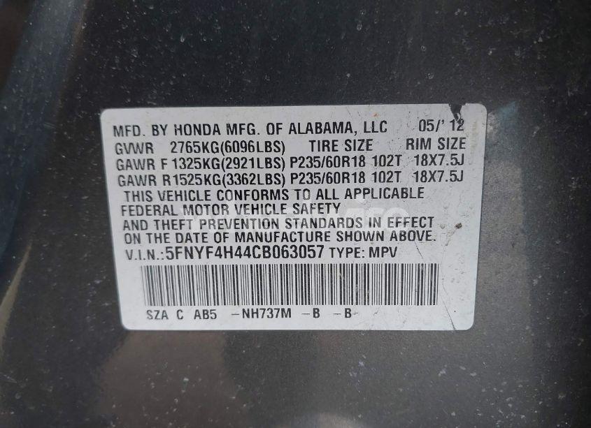 Photo 9 of 2012 Honda Pilot EX (VIN 5FNYF4H44CB063057)