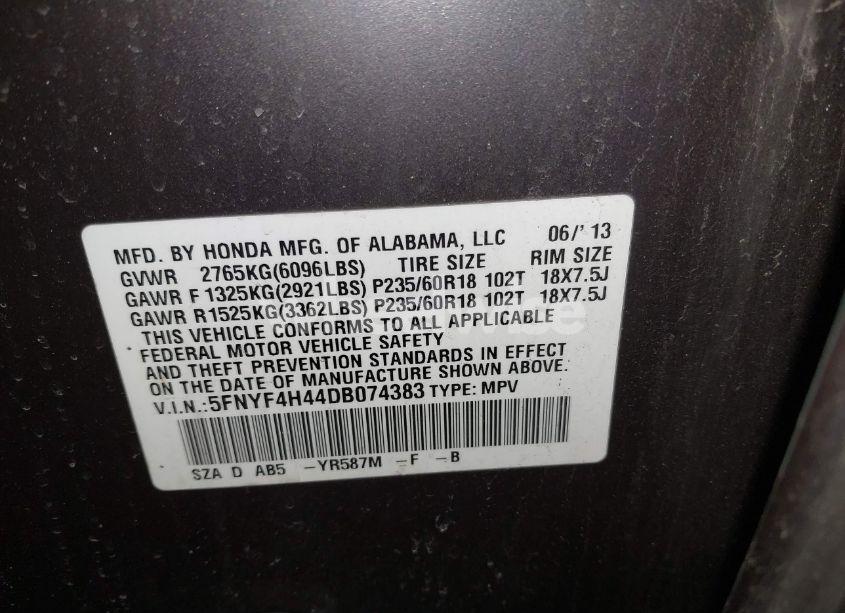 Photo 9 of 2013 Honda Pilot EX (VIN 5FNYF4H44DB074383)