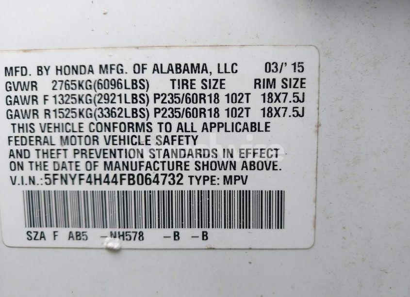 Photo 9 of 2015 Honda Pilot EX (VIN 5FNYF4H44FB064732)