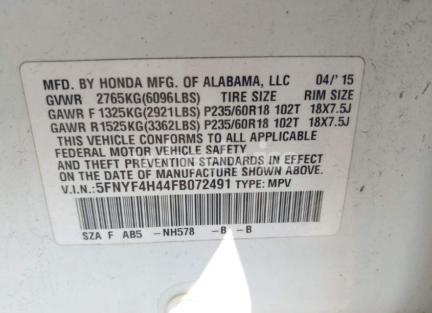 Photo 9 of 2015 Honda Pilot EX (VIN 5FNYF4H44FB072491)