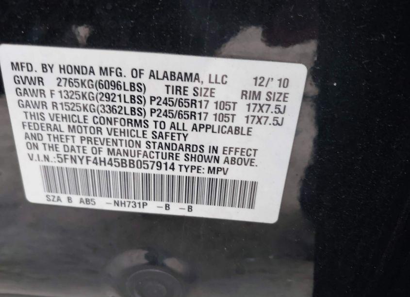 Photo 9 of 2011 Honda Pilot EX (VIN 5FNYF4H45BB057914)
