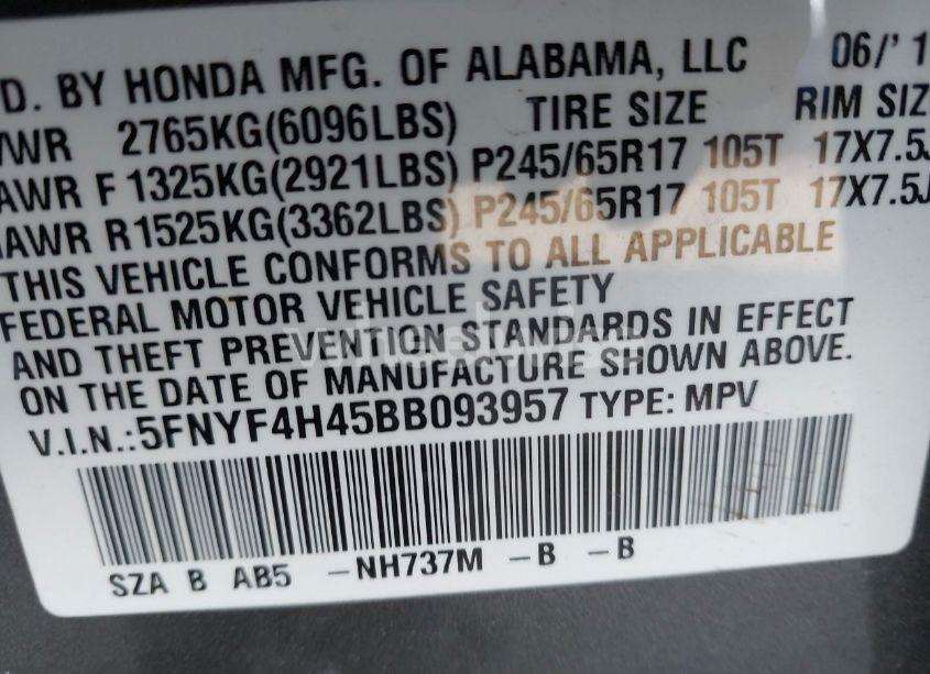 Photo 9 of 2011 Honda Pilot EX (VIN 5FNYF4H45BB093957)