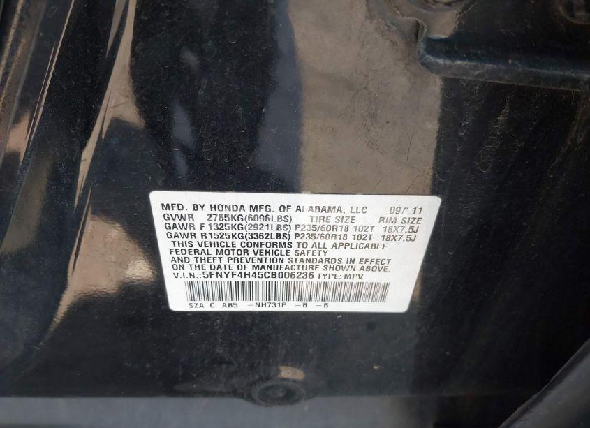 Photo 9 of 2012 Honda Pilot EX (VIN 5FNYF4H45CB006236)