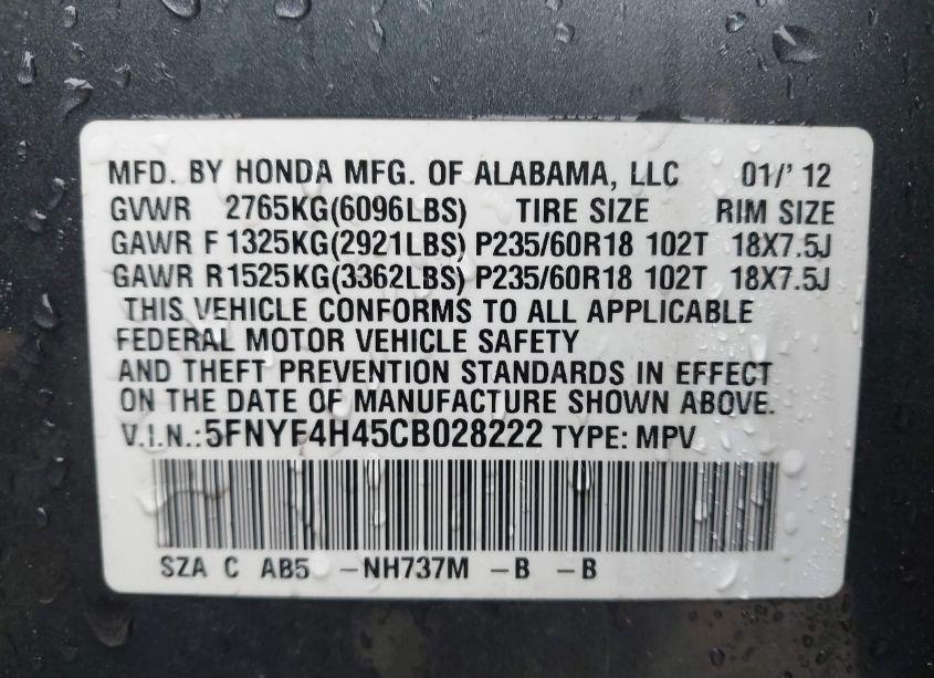 Photo 9 of 2012 Honda Pilot EX (VIN 5FNYF4H45CB028222)