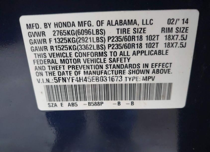 Photo 9 of 2014 Honda Pilot EX (VIN 5FNYF4H45EB031673)