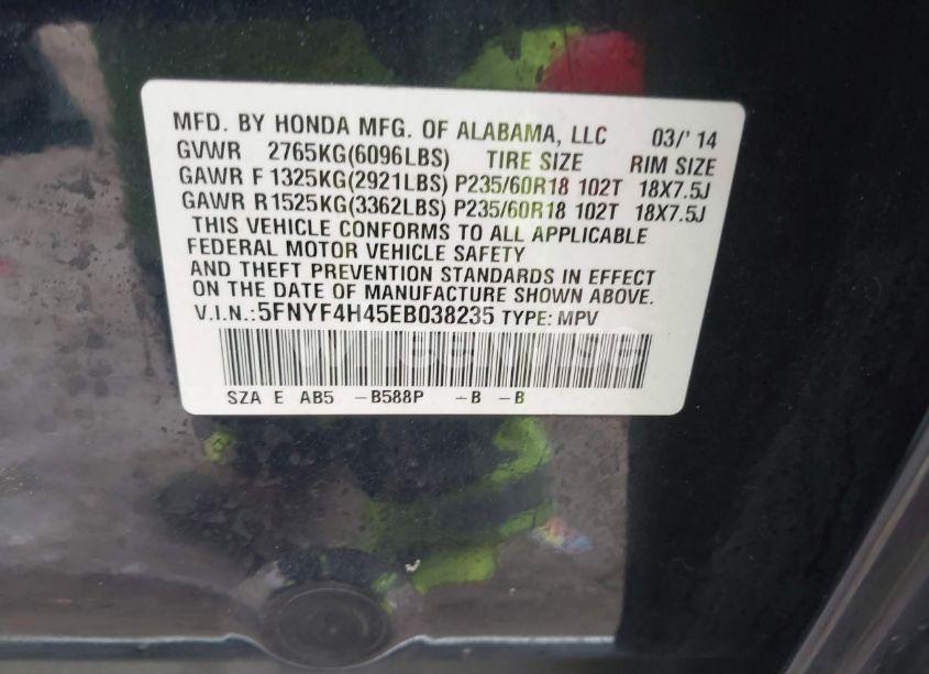 Photo 9 of 2014 Honda Pilot EX (VIN 5FNYF4H45EB038235)