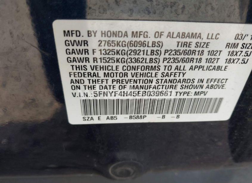 Photo 9 of 2014 Honda Pilot EX (VIN 5FNYF4H45EB039661)