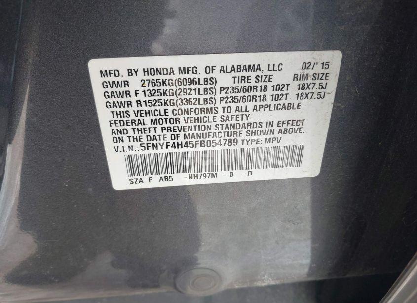 Photo 9 of 2015 Honda Pilot EX (VIN 5FNYF4H45FB054789)