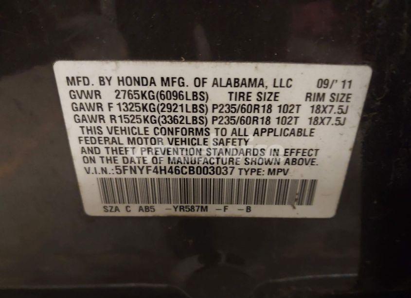 Photo 9 of 2012 Honda Pilot EX (VIN 5FNYF4H46CB003037)