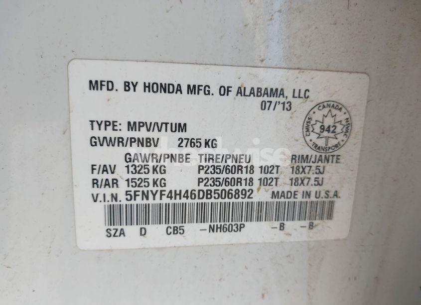 Photo 9 of 2013 Honda Pilot EX (VIN 5FNYF4H46DB506892)