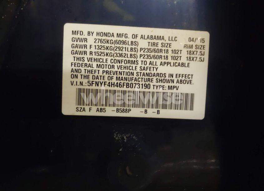 Photo 9 of 2015 Honda Pilot EX (VIN 5FNYF4H46FB073190)