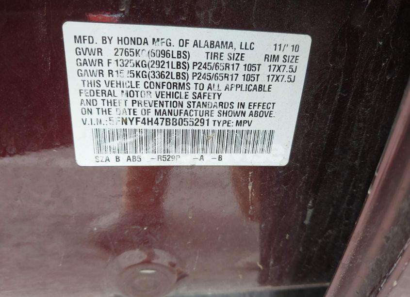 Photo 9 of 2011 Honda Pilot EX (VIN 5FNYF4H47BB055291)