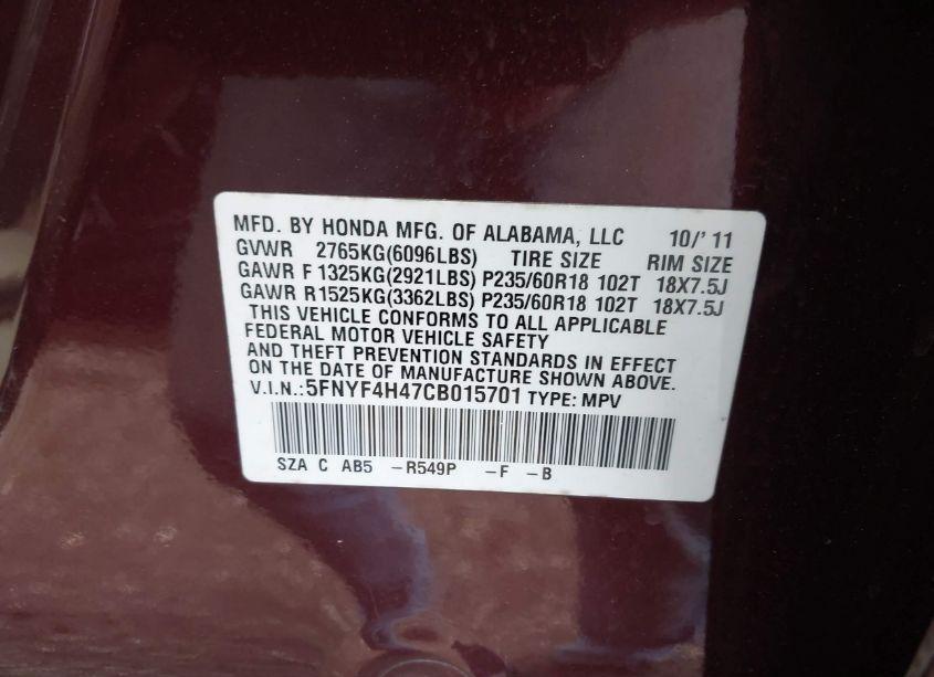 Photo 9 of 2012 Honda Pilot EX (VIN 5FNYF4H47CB015701)