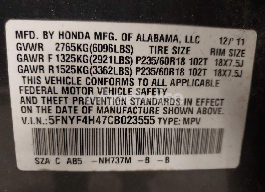 Photo 9 of 2012 Honda Pilot EX (VIN 5FNYF4H47CB023555)
