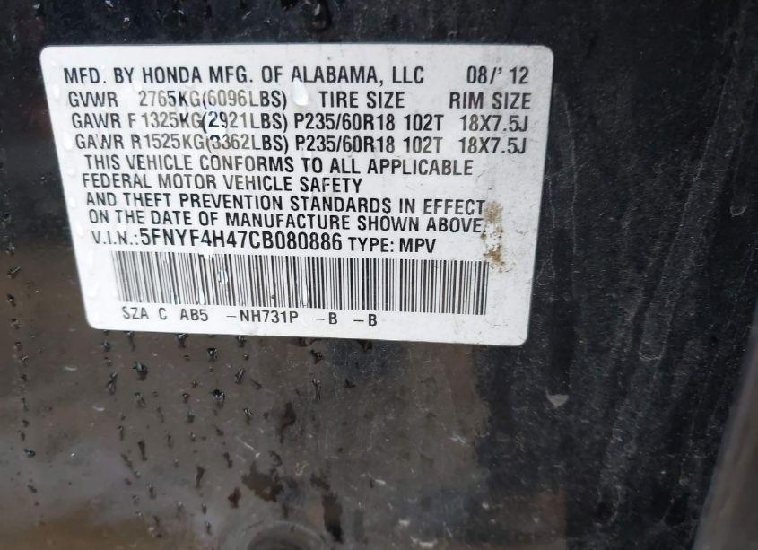 Photo 9 of 2012 Honda Pilot EX (VIN 5FNYF4H47CB080886)