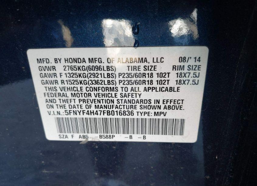 Photo 9 of 2015 Honda Pilot EX (VIN 5FNYF4H47FB016836)