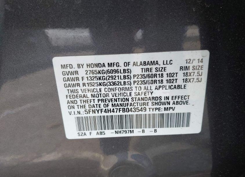 Photo 9 of 2015 Honda Pilot EX (VIN 5FNYF4H47FB043549)