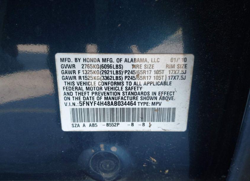 Photo 9 of 2010 Honda Pilot EX (VIN 5FNYF4H48AB034464)