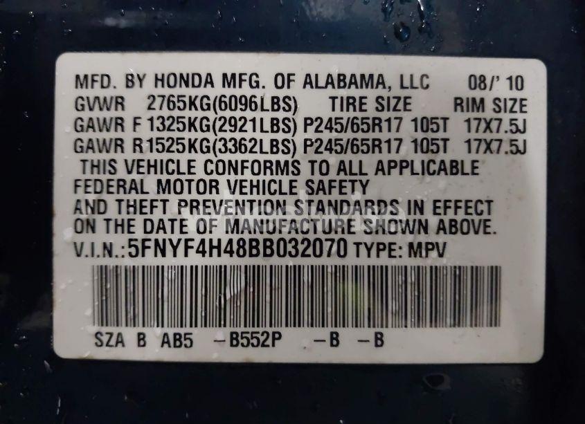 Photo 9 of 2011 Honda Pilot EX (VIN 5FNYF4H48BB032070)
