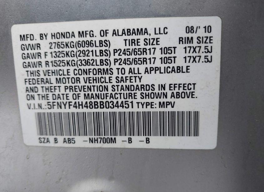 Photo 9 of 2011 Honda Pilot EX (VIN 5FNYF4H48BB034451)