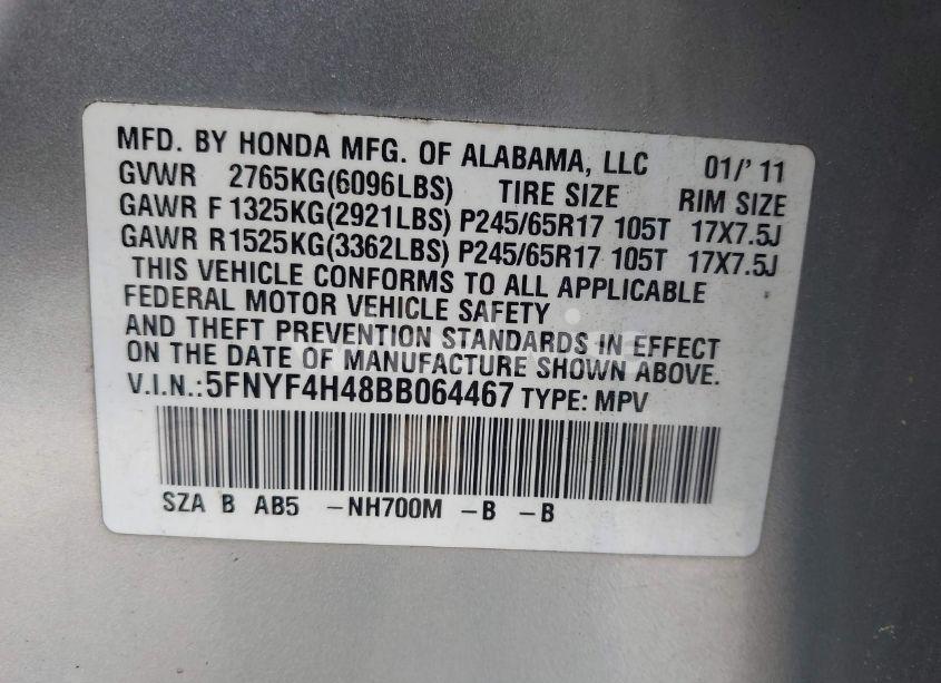Photo 9 of 2011 Honda Pilot EX (VIN 5FNYF4H48BB064467)