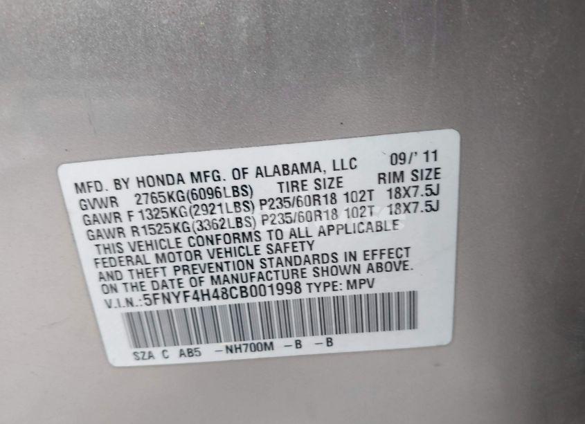 Photo 9 of 2012 Honda Pilot EX (VIN 5FNYF4H48CB001998)