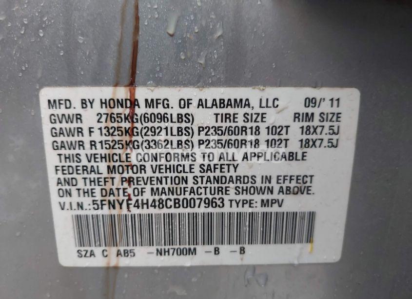 Photo 9 of 2012 Honda Pilot EX (VIN 5FNYF4H48CB007963)