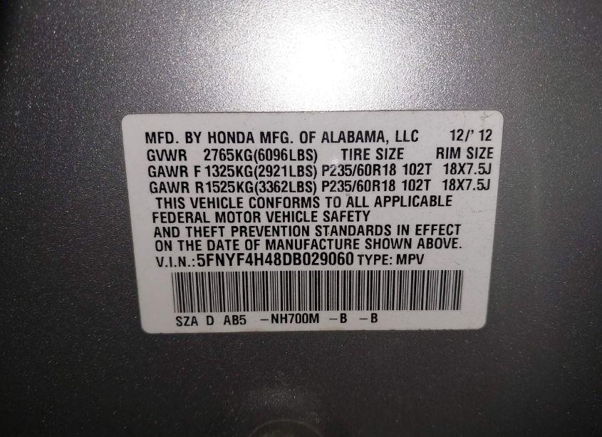 Photo 9 of 2013 Honda Pilot EX (VIN 5FNYF4H48DB029060)