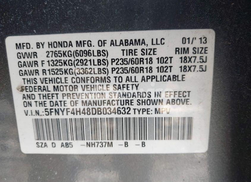 Photo 9 of 2013 Honda Pilot EX (VIN 5FNYF4H48DB034632)