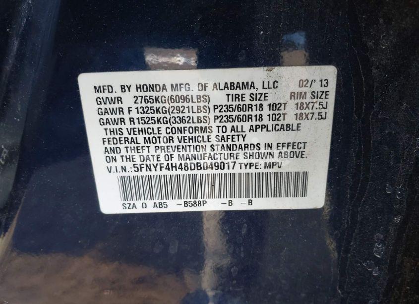 Photo 9 of 2013 Honda Pilot EX (VIN 5FNYF4H48DB049017)